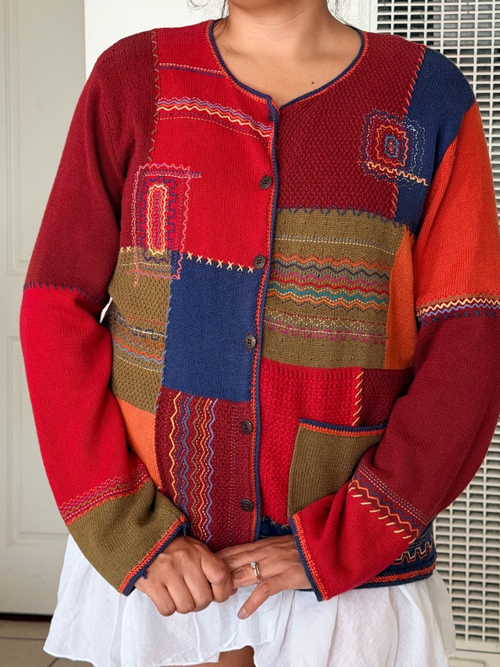 Patchwork Button-Front Women’s Sweater Cardigan - Red Multi
